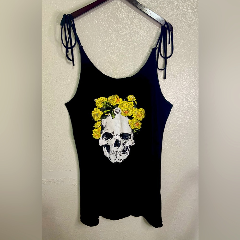 MissLook shirt, size L, black, skull skeleton, tie strings T-shirt tank top